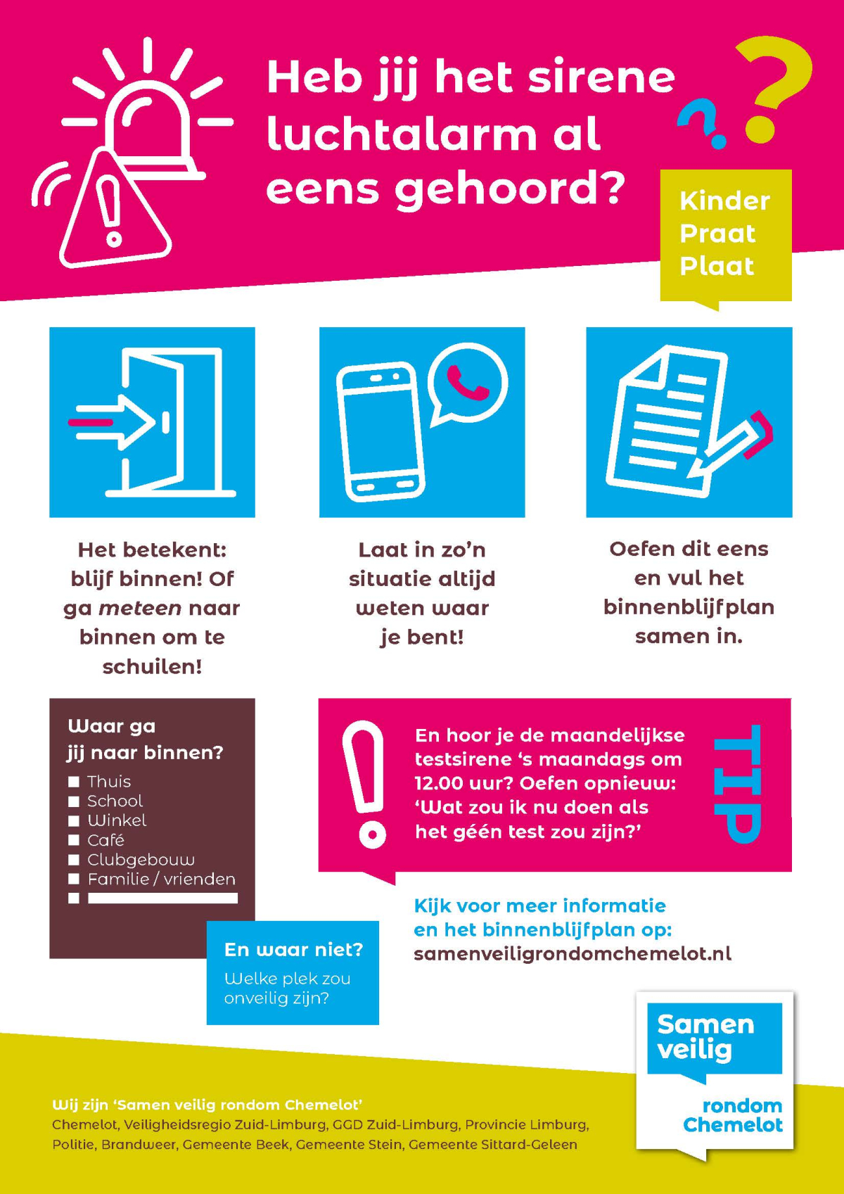 Informatief affiches met stappen over het sirene-luchtalarm en tips voor opvolging.