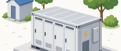 Modern elektriciteitsstation met groene bomen en een bijgebouw in een rustige omgeving.