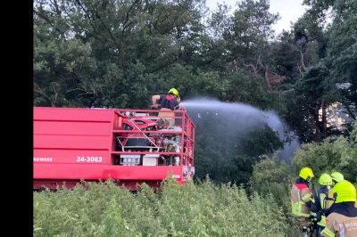 Brandweerauto spuit water op een brand in een groen landschap met brandweermensen.