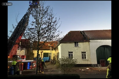 Brandweerlieden verwijderen takken van een boom met een hoogwerker bij een gebouw.