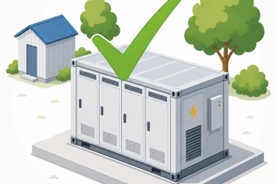 Grijze energiecontainer op een vlakke ondergrond, omgeven door bomen en een klein gebouw.