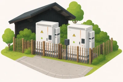 Twee witte elektrische onderhoudskasten naast een zwart huis, omringd door groen en een hek.