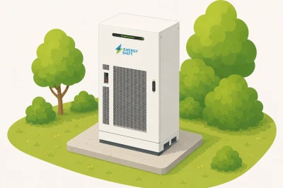 Wit energieapparaat geplaatst op een betonnen plateau omgeven door groene bomen.