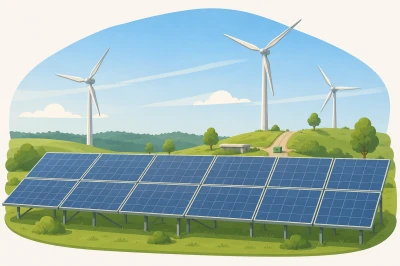Zonn panels met windturbines op een groene heuvelachtige achtergrond onder een blauwe lucht.