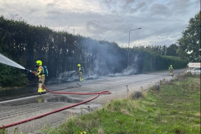 Brandweermensen blussen rook op een straat, omringd door bomen en gras.