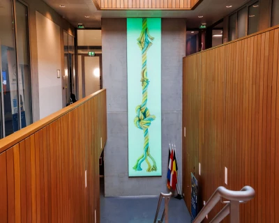 Moderne hal met houten wanden, trap en een groene kunstwand in het midden.