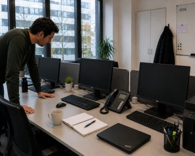 Man leunt over een bureau met meerdere computers en een koffiemok in een kantooromgeving.