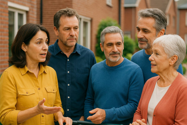 Vijf mensen in gesprek buiten een woning over het thema Weerbaarheid